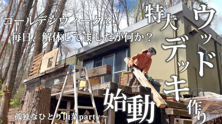 #37【ウッドデッキ作り始動】老朽化した枕木デッキをチェーンソーで解体！ 採れたて山菜に悦ぶ夜